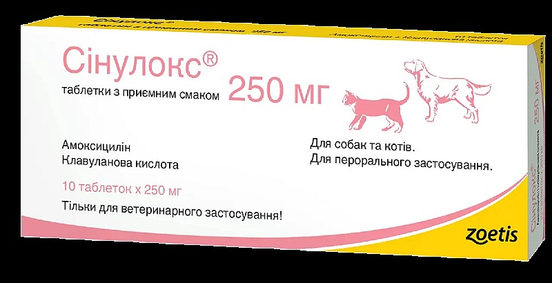Synulox Сінулокс 250 мг №10 таблеток для собак і кішок Zoetis 1 табл. на 20 кг ваги